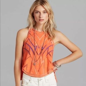 Free People Ginger Cutwork Jersey Top Mesh Tank Hot Pink Orange Coral Large NWT